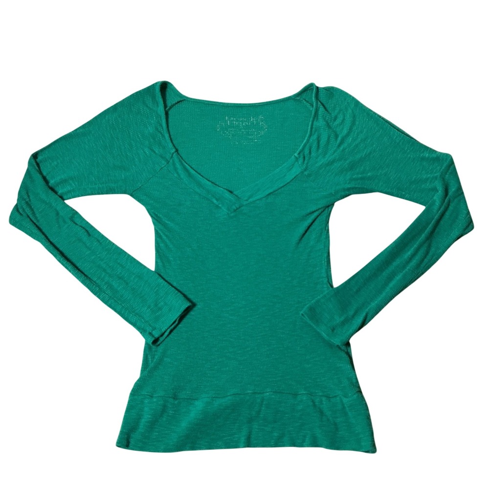 Free‎ People Indie Sleaze Green Waffle Knit Thermal Long Sleeve Top S 7S624